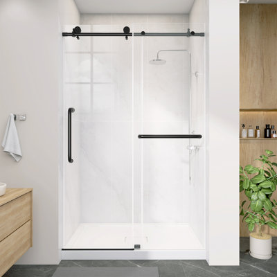 44" - 48" W X 75'' H Single Sliding Frameless Shower Door Matte Black Bypass Bathroom Door Alcove Bath Shower Door with Clear Tempered Glass