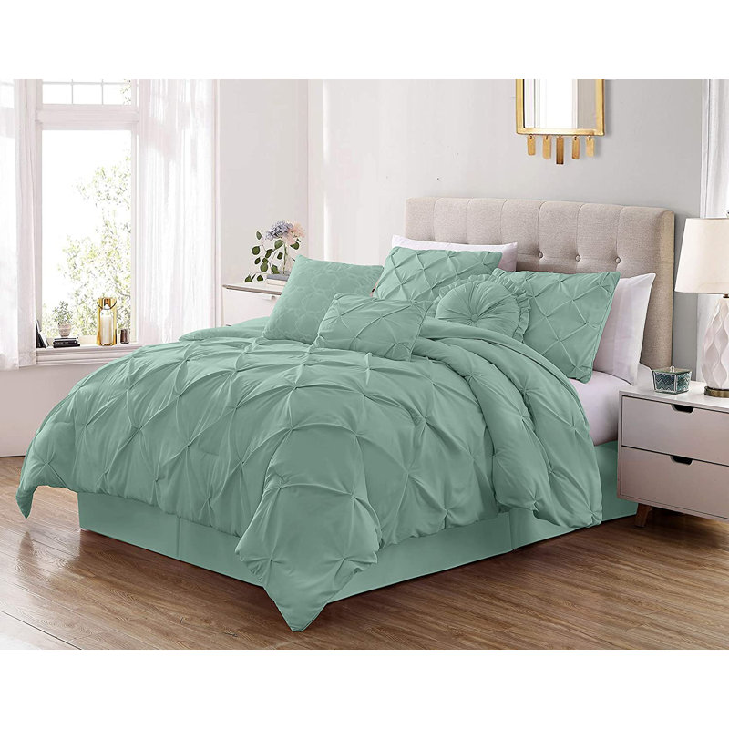 Sydney Pintuck Microfiber 7 Piece Comforter Set, King Comforter + 6 Additional Pieces, Seafoam Green