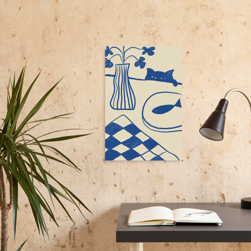 Art mural chat bleu et poisson, H 24 po x l 16 po