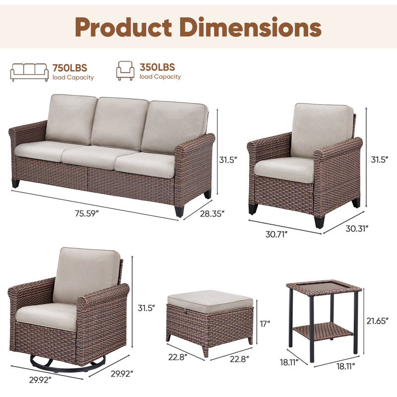 Ensemble de conversation pour famille 7 à 9 personnes en osier avec chaises pivotantes, repose-pieds et tables d'appoint
