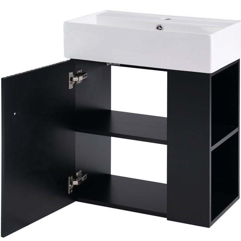 Meuble-lavabo de salle de bain 21,6 po - Lavabo en céramique, rangement sur le côté droit, armoire contemporaine peinte en noir avec apparence de style moderne