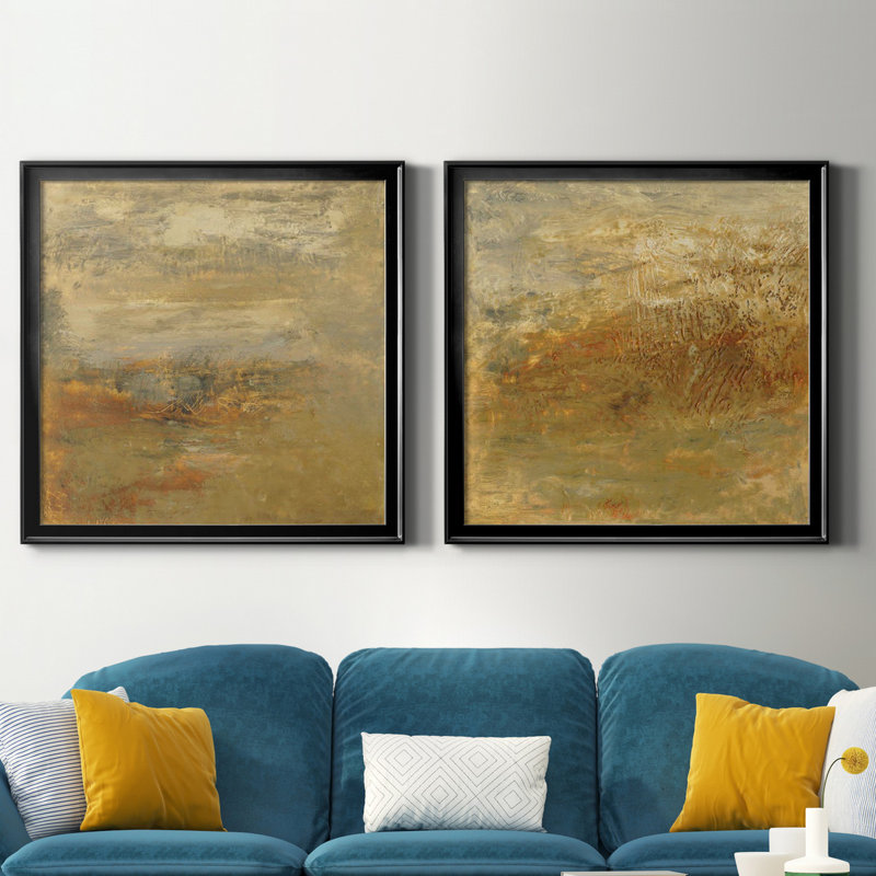 Ensemble de 2 cadres photo Encaustic Tile In Orange I, H 26,5 po x l 53 po x P 1,5 po, Toile avec cadre noir, Pas de tapis