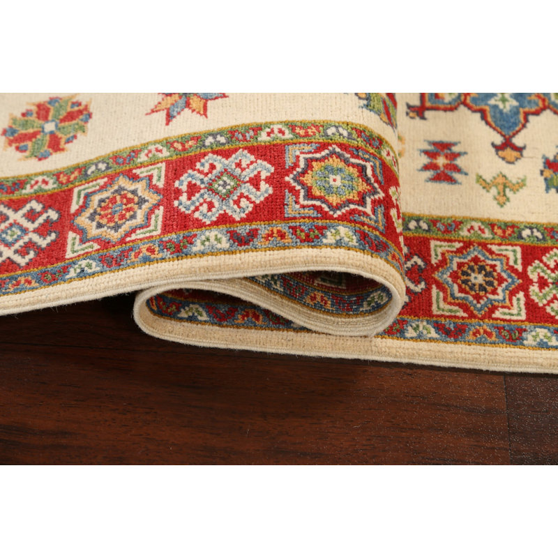 Tapis de couloir beige / vert / bleu / rouge en laine noué à la main de conception unique 2 pi 8 po x 9 pi 10 po
