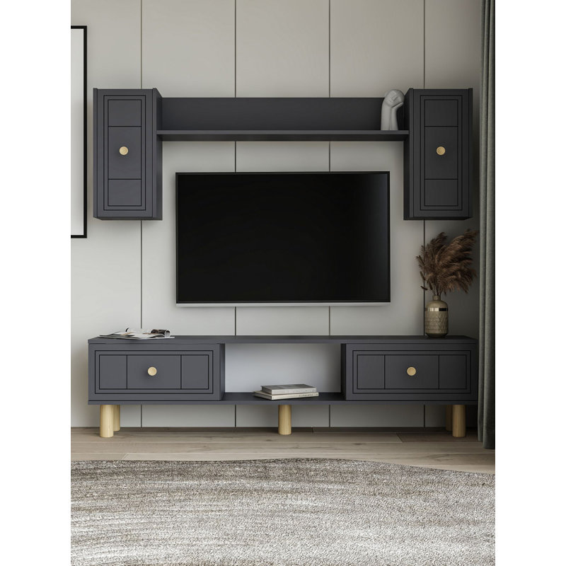 Meuble télé moderne avec tablette murale, anthracite, 59,1 po x 17,6 po x 11,6 po | 100% panneau de particules enduit de mélamine, épaisseur: 0,7 pouce | Comprend de nombreuses tablettes, une conception murale, des meubles de maison élégants et fonctionnels