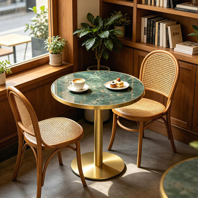 Aaban 31.5" Modern Round Kitchen Table, Exotic Green Faux Marble Sintered Stone Cafe Table with Gold Base