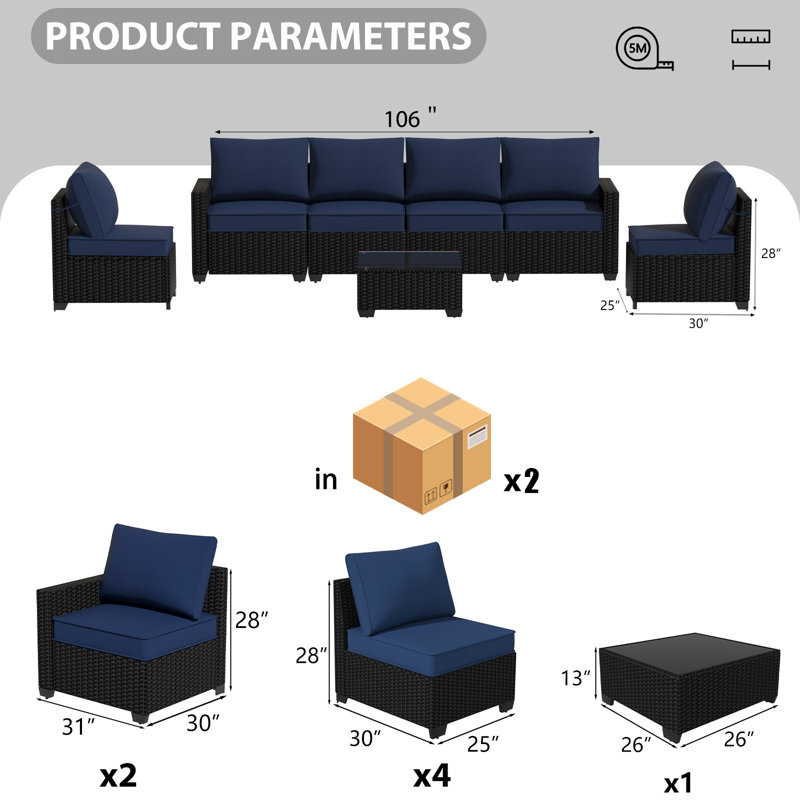 Ensemble de conversation d'extérieur en osier pour 6 personnes avec coussins, Coussin bleu foncé / cadre brun foncé
