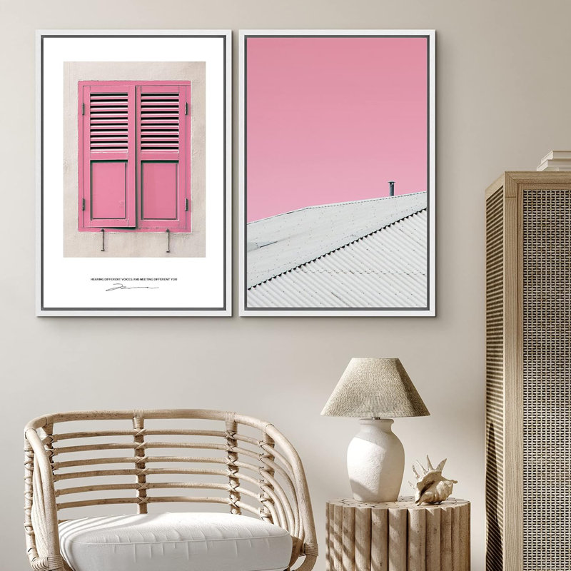 Duo de fenêtres et de toits roses, architecture et cartes, villes, Pop Art, Glam, panoramique, multicolore ultra