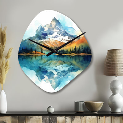 Horloge murale de forme unique en métal Calming Mountain Riverside III - Mountains