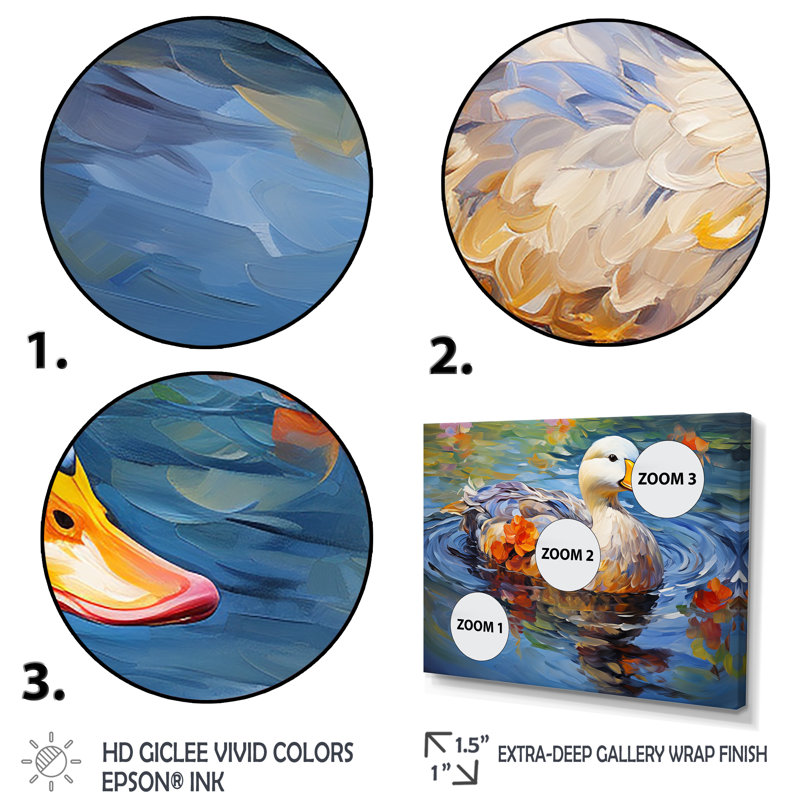 «Duck At The Pond I» - Art mural animal canard, Toile tendue, H 34 po x l 44 po x P 1,5 po