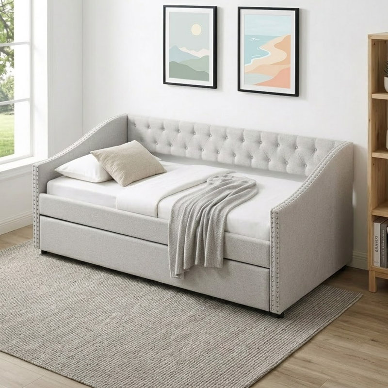 Practical Twin Daybed with Trundle with wooden slats and tufted backrest for living room and bedroom, Beige