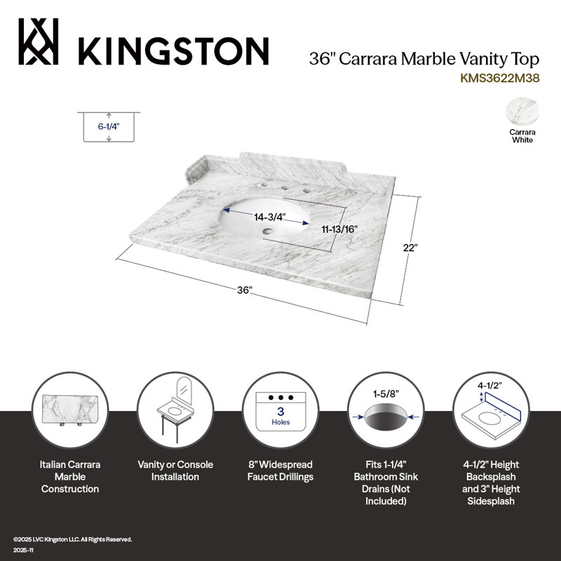Kingston Brass Pemberton 36-Inch Carrara Marble Vanity Sink Top