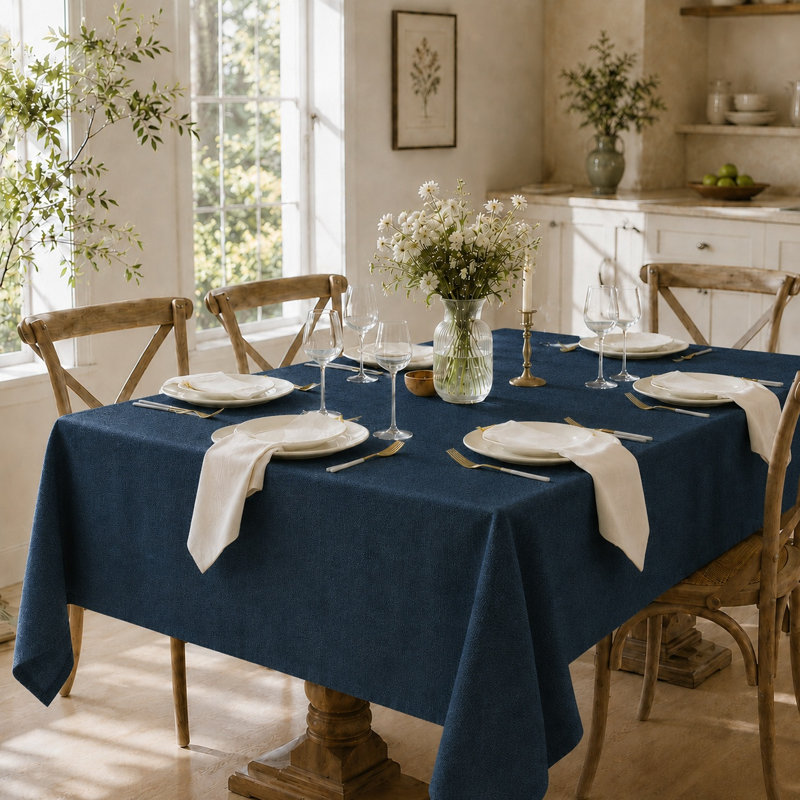 Nappe rectangulaire en lin épais et texturé, 84" L x 60" W, Navy Blue