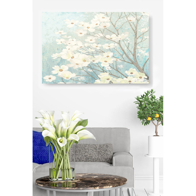 Cornouiller en fleurs sur fond bleu, branches, floral, H 24 po x l 36 po x P 1,5 po