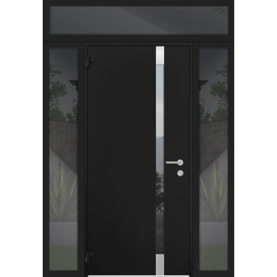Front Exterior Prehung Steel Door / Cynex 6777 Black / 2 Side and Top Exterior Window / Stainless Inserts Single Modern Painted-W16+36+16" x H80+16"-Right-hand Inswing