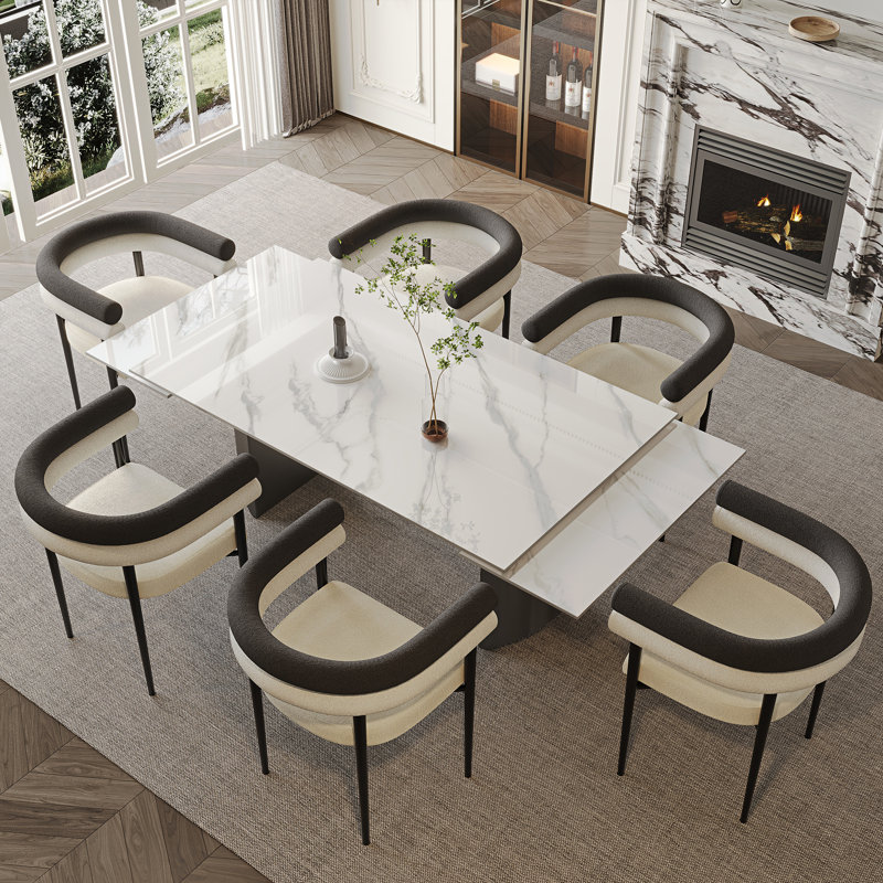 9 - Piece 63'' To 94.5'' Extendable Dining Table Set Sintered Stone Dining Table With 8 Upholstered Armchair, Black