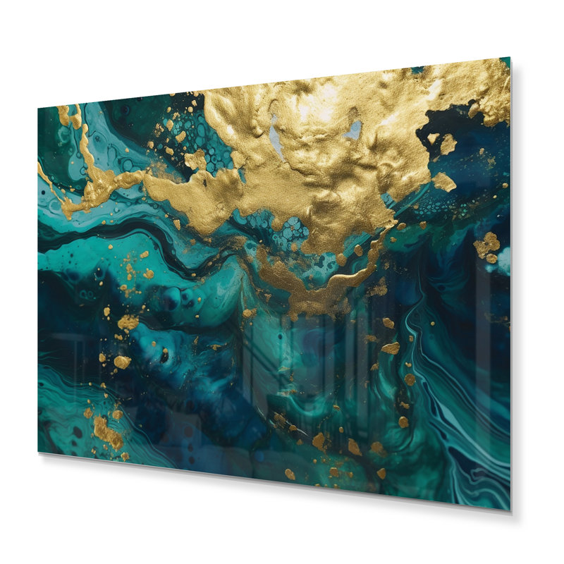 Décoration murale sarcelle et or liquide I - formes abstraites en métal, H 12 po x l 20 po