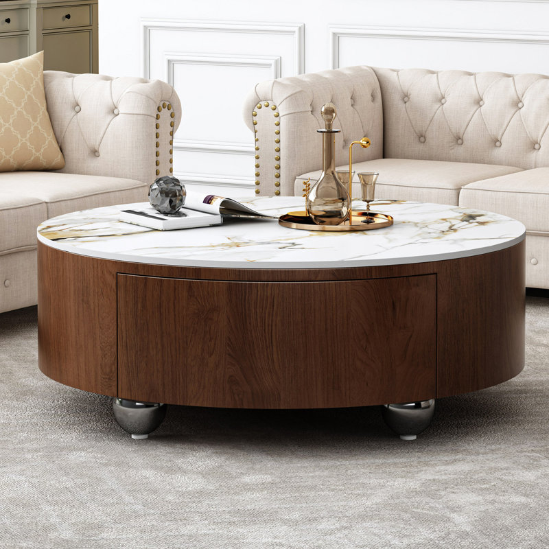 Table basse ronde avec 2 tiroirs et plateau en pierre frittée, table de salon
