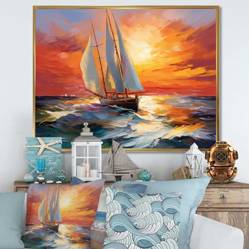 Minimalism Sailboat Rhythms VI - Sailing Boat Wall Art Prints, H 34 po x l 44 po x P 1,5 po, Cadre flottant doré