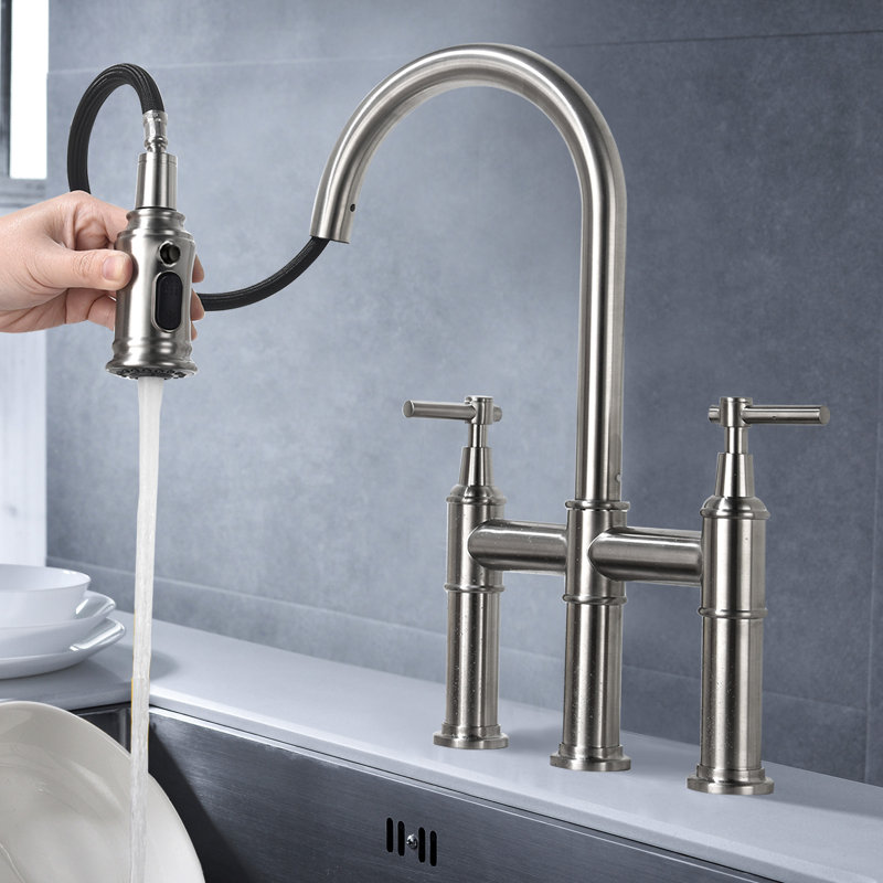 Bridge Style Kitchen Faucet In Brushed Nickel, Pull-Down Spray Feature, Dual Handle For Accurate Water Flow & Temperature, 360 Rotatable High Arc Nozzle, Brass, Soundless Splash- Aerator Nickel With