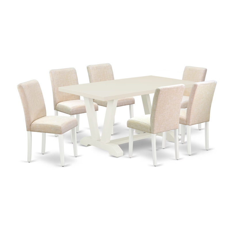 7-Piece Rectangle Solid Wood Top Dining Table with 6 Parson Chairs with Lattice Back, Linen White/Linen White/Light Beige