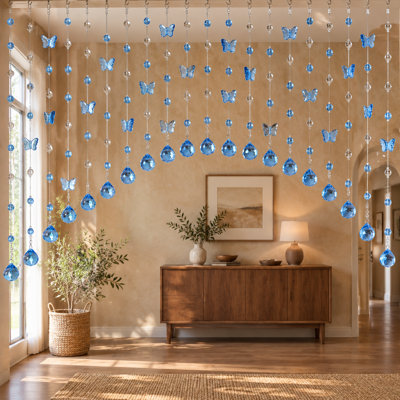 Doorway butterfly crystal-bead curtain with 20 Strands of acrylic strings in a Blue Arch design, usable as a room divider.
