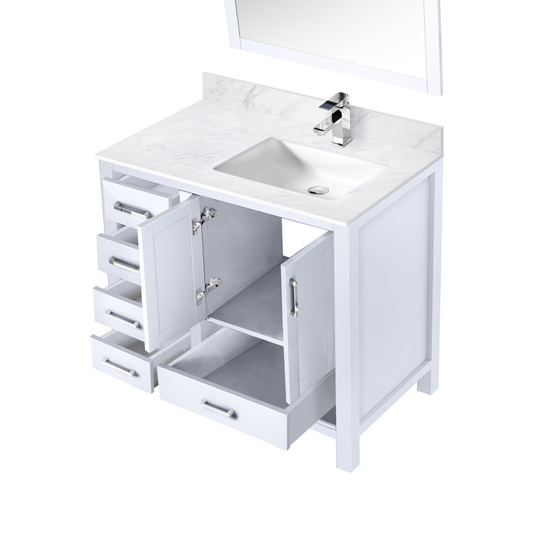 Blanc 36 po Meuble-lavabo W avec comptoir en marbre, robinet en acier inoxydable et 34 miroirs Scratch - pour une utilisation durable avec miroir décalé à droite