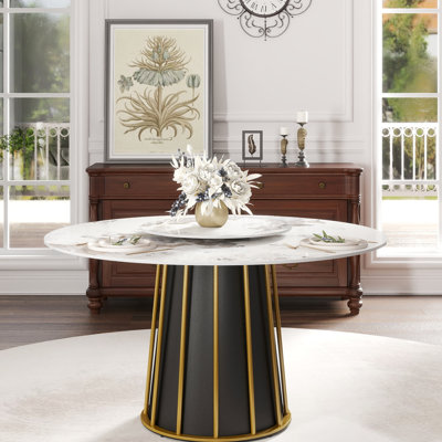 Table de salle à manger ronde 53,36 po en pierre frittée - blanc, base en fer métallique, pour 6 personnes avec table tournante blanche, diamètre 23,62 po, table tournante, capacité 6