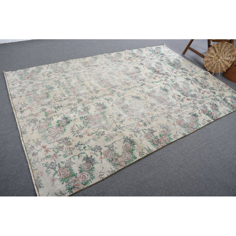 Grand tapis turc rétro à motif floral beige tissé à la main pour la décoration du sol