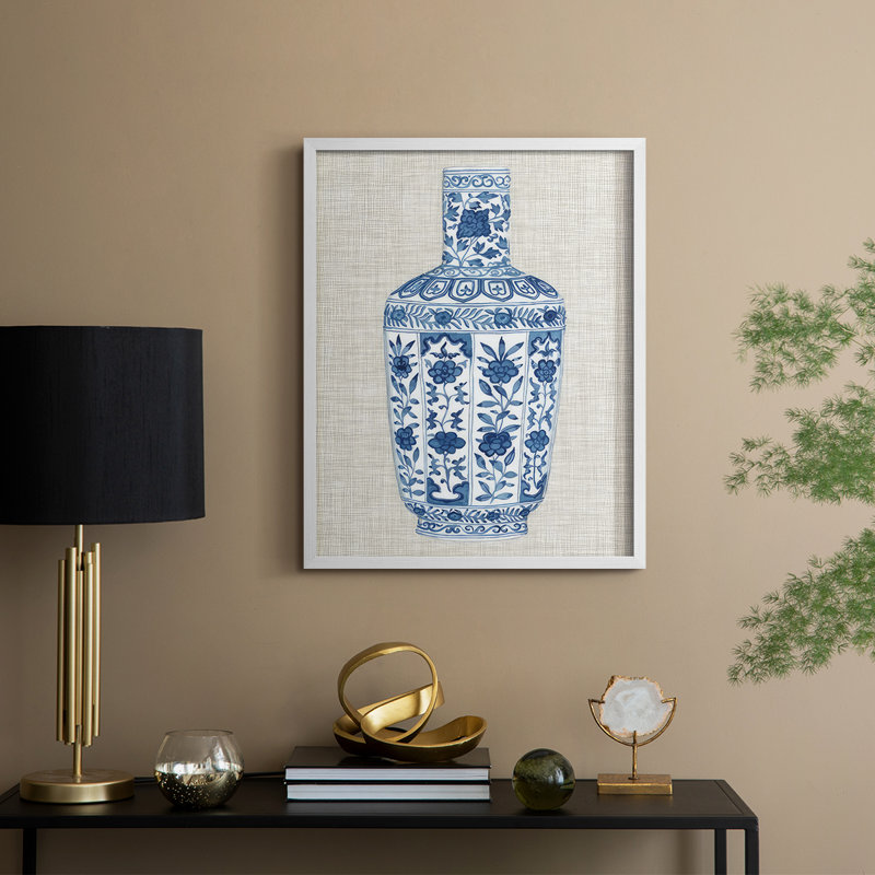«Ming Vase on Linen VI», reproduction encadrée - bois massif, H 30 po x l 24 po, Blanc
