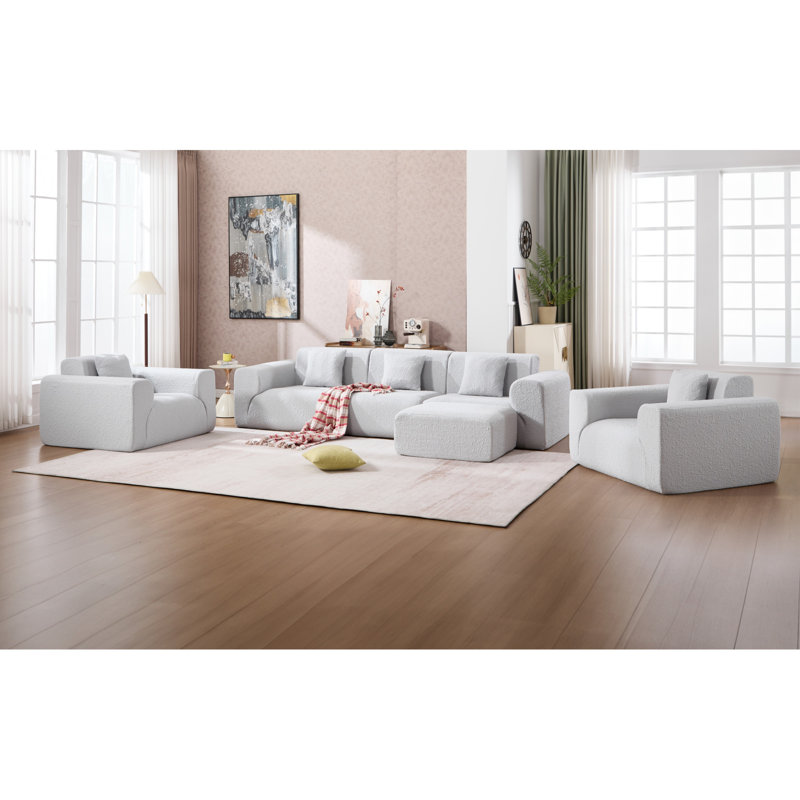 Modern Upholstered Living Room Set With Modular Sectional Sofa & 2 Accent Chairs, Light Gray