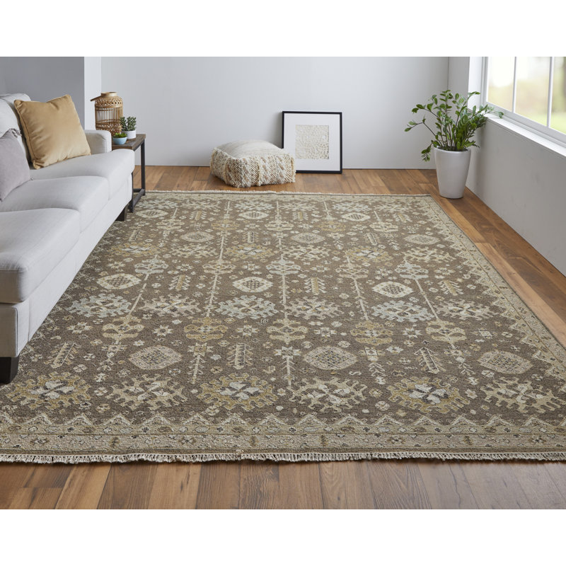 Tapis oriental en laine noué à la main brun / ivoire, Rectangle 7 pi 9 po x 9 pi 9 po