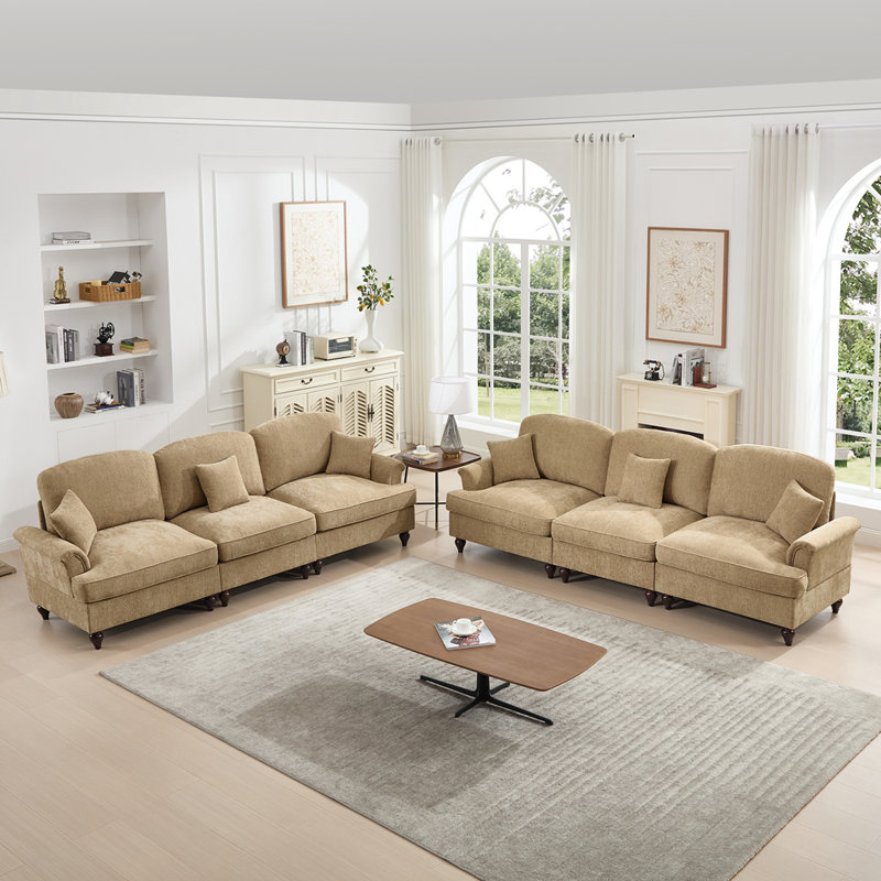 Ensemble de canapé de salon modulaire 2 pièces avec accoudoirs évasés et volants amovibles Classic, Café clair