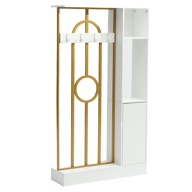 Paravent réversible de 180 cm avec rangement, porte-manteau d'entrée en MDF avec 4 crochets et cadre en métal doré, cloison moderne pour espaces ouverts
