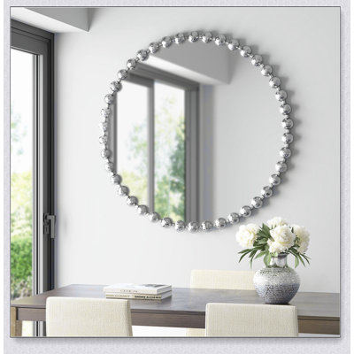 Beaded Round Wall Mirror With Antique Metallic Silver Foil, Perfect For Enhancing Visual Depth And Brightness In Any Room