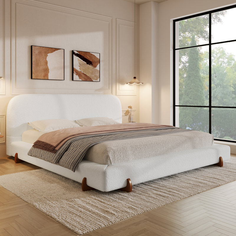 Maren Modern Upholstered Platform Bed With Solid Wood Legs And Thick Frame Design, California King, White