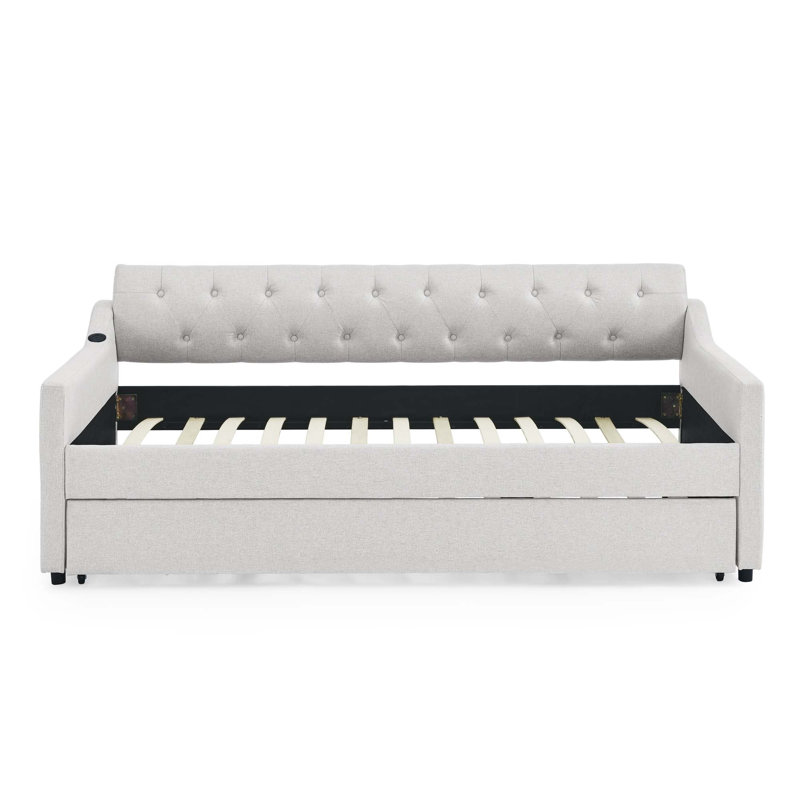 Upholstery Daybed With Erectable Trundle And USB Charging, Beige