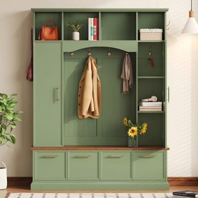 4-In-1 Elegant Hall Tree With Golden Hooks & Handles, Practical Entryway Walnut Bench With Adjustable Shelves, 76.7"H Farmhouse Wooden Style Coat & Shoe Rack For Mudroom