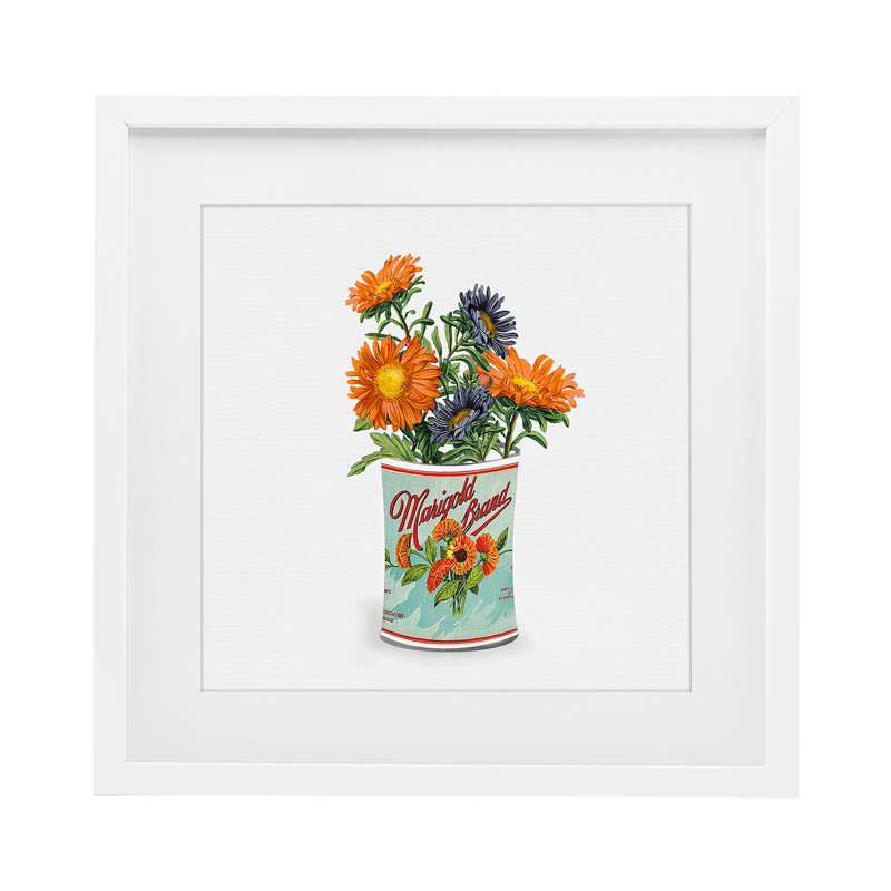 «Nostalgic Marigold Tin Bouquet», reproduction encadrée sous verre, design par Val Rhodes, 13 x 13