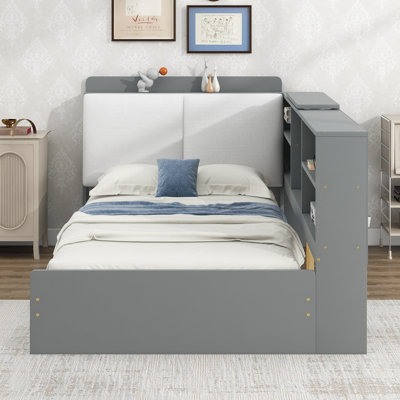 Twin Platform Bed with Storage Headboard, Upholstered Backrest, Shelves & 2 Drawers, Gray Wood