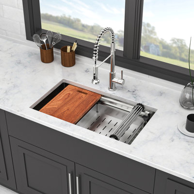 33" Undermount Kitchen Sink - Single Bowl 16 Gauge Stainless Steel Ledge Workstation Kitchen Sinks