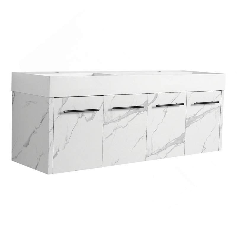 Meuble-lavabo mural avec lavabo double en résine, charnières de porte à fermeture douce et matériau écologique durable pour une expérience de salle de bain améliorée