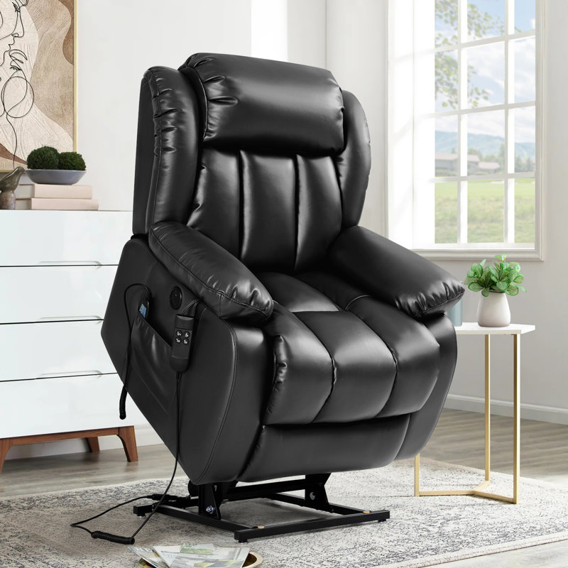 Saidee Faux Leather Dual Motor Power Lift Recliner with Heat and Massage , Black Faux Leather