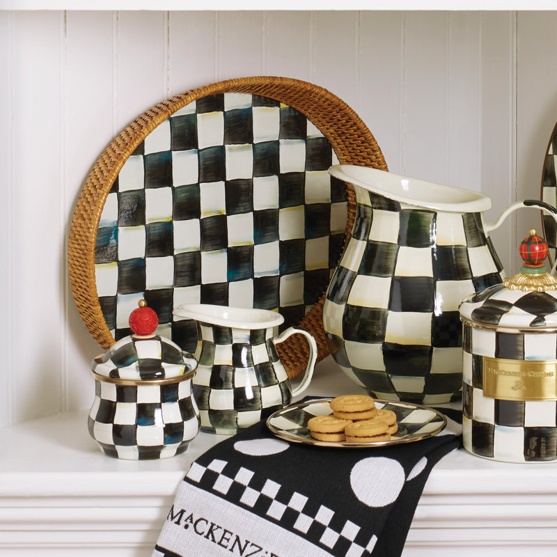 Large Black and White Checkered Rattan Serving Tray