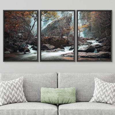 «Autumn Fall», reproduction d'art sur toile encadrée, forêt d'hiver, rivière de montagne, paysage, nature rustique, photographie, réalisme, désert, calme, zen pour salon, chambre à coucher, bureau, reproduction sur toile, 3 pièces