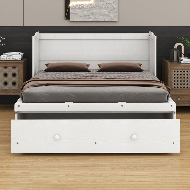 Lit escamotable avec port USB et grand tiroir, Double, Blanc