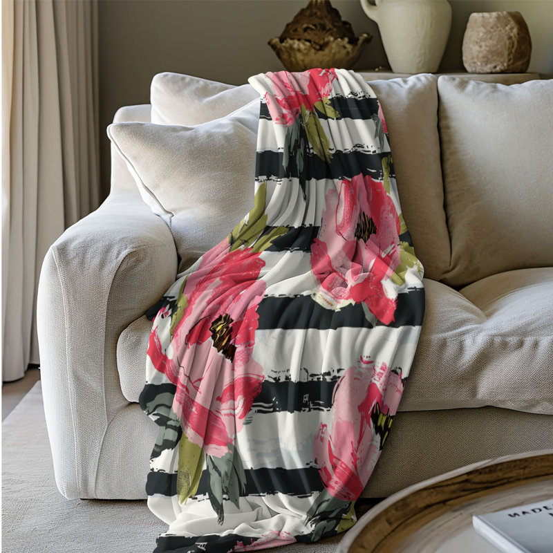Floral Stripe Art - couverture sherpa de qualité supérieure 1 pièce, Grand lit