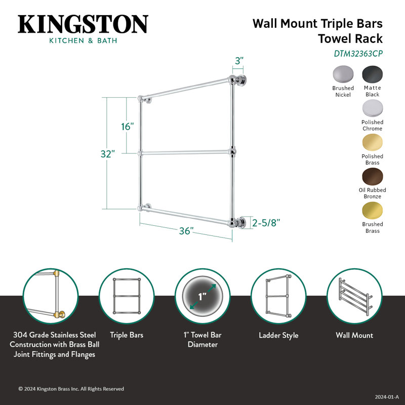 Kingston Brass Palatine 36-Inch Wall Mount 3-Bar Towel Rack, Polished Chrome