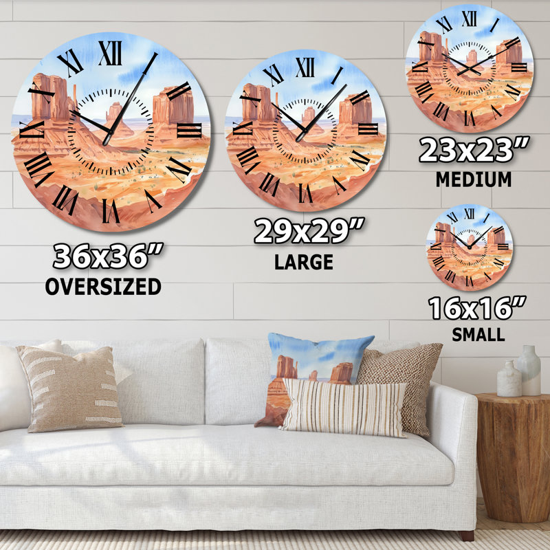 Monument Valley dans la lueur des braises - Horloge murale ronde en métal de style sud-ouest, Surdimensionné