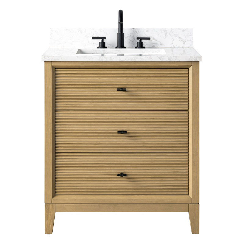 Meuble-lavabo autoportant à simple cuve 30 po avec plateau en marbre Caldwell, Chêne naturel, Arabescato blanc, Noir mat