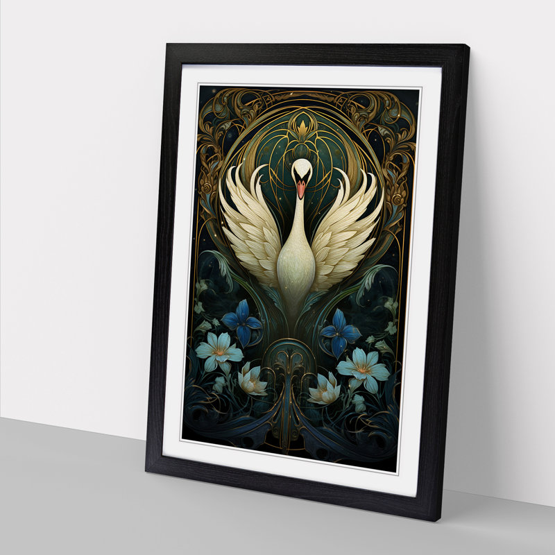 Swan Nouveau - Single Picture Frame Print on Wood, 64cm H x 46cm W x 2cm D, Black